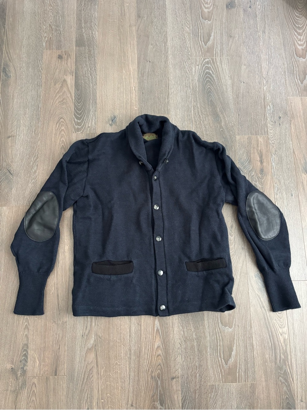 Navy Blue Schott Brothers Heavyweight Cardigan with Leather Elbow Patches